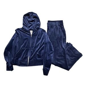 Juicy Couture Navy Blue Velour Tracksuit Sz 1X Full Zip Hoodie Straight Leg Pant